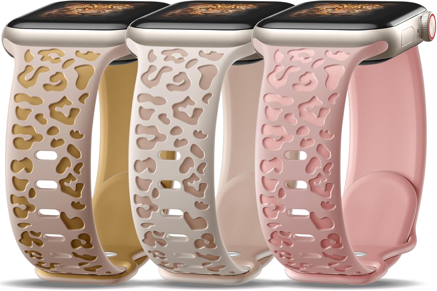 3 Pack Leopard Engraved Bands Compatible with Apple Watch in 38MM 40MM 41MM 42MM 44MM 45MM 49MM for Women Men, Soft Waterproof And Oodorless Silicone Bands for iWatch Bands Series 10-1 Ultra SE D-Milk tea/Camel+Apricot/Champagne+Sand powder/Powder 38/40/41mm