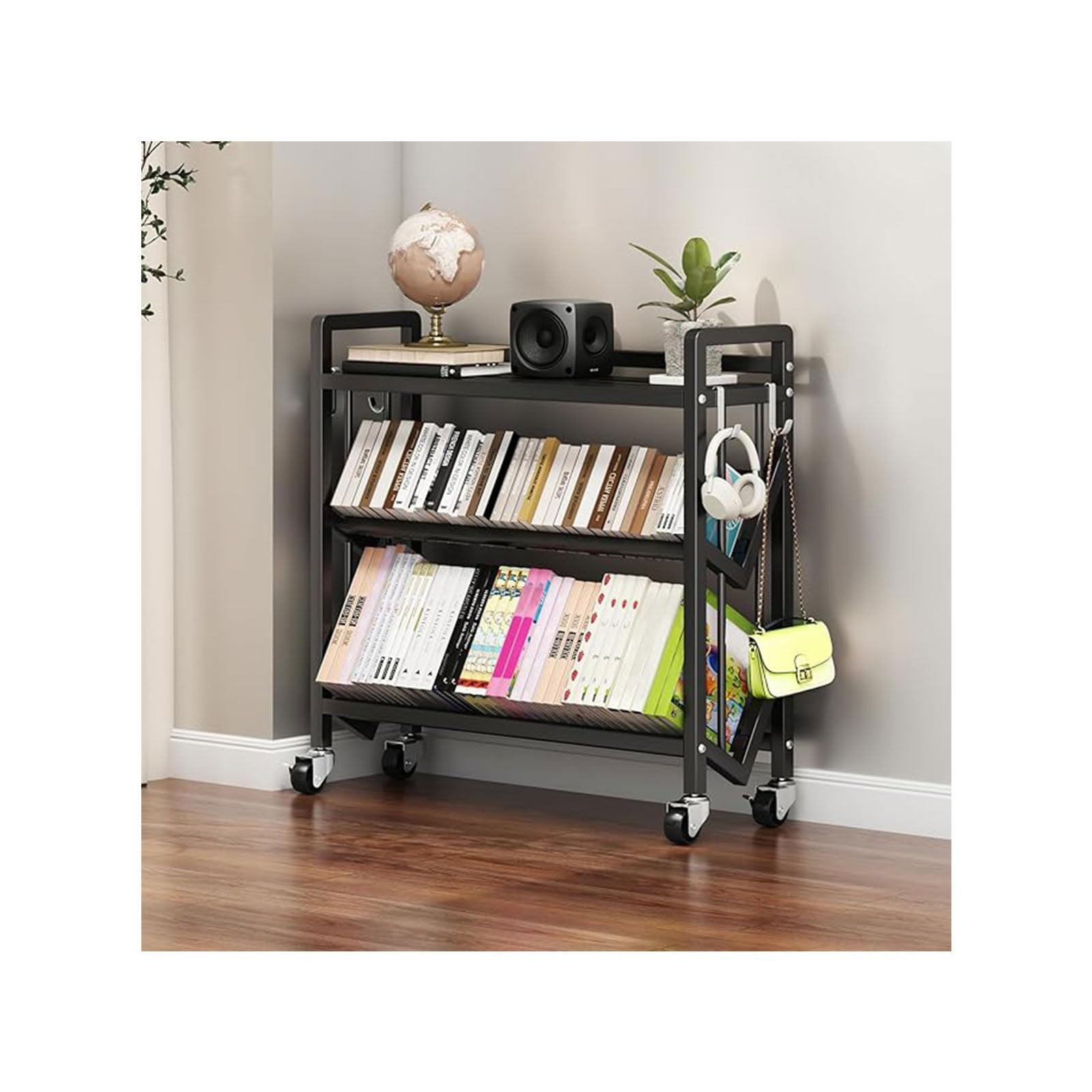 Book Carts with Wheels, Library Rolling Book Cart 2/3/4/5 Tier Movable Bookshelf Mobile Large Capacity L-Shaped Carbon Steel Organizer Rack for Office, Home, Classroom(Black,3 Tiers-35.4x9.8x32.1in)