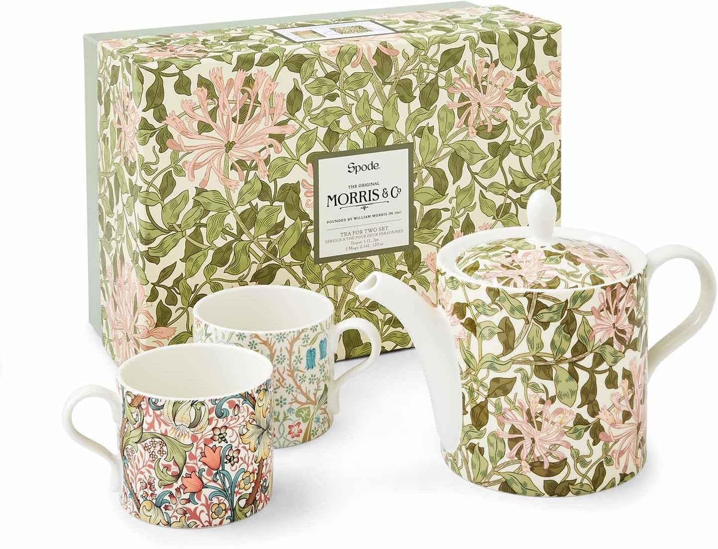 Morris & Co 32oz Teapot and 10oz Mug Set (Set of 2) - Honeysuckle | Porcelain - Dishwasher & Microwave Safe | Novelty Tea Set for Elegant Brunch, Parties, Breakfast - Boxed Gift Set