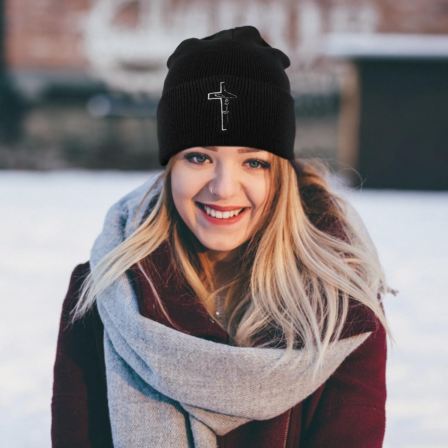 Black Embroidered Beanie Knitted Winter Hat for Men and Women, for Christmas, Birthdays, and Anniversaries - Image 6