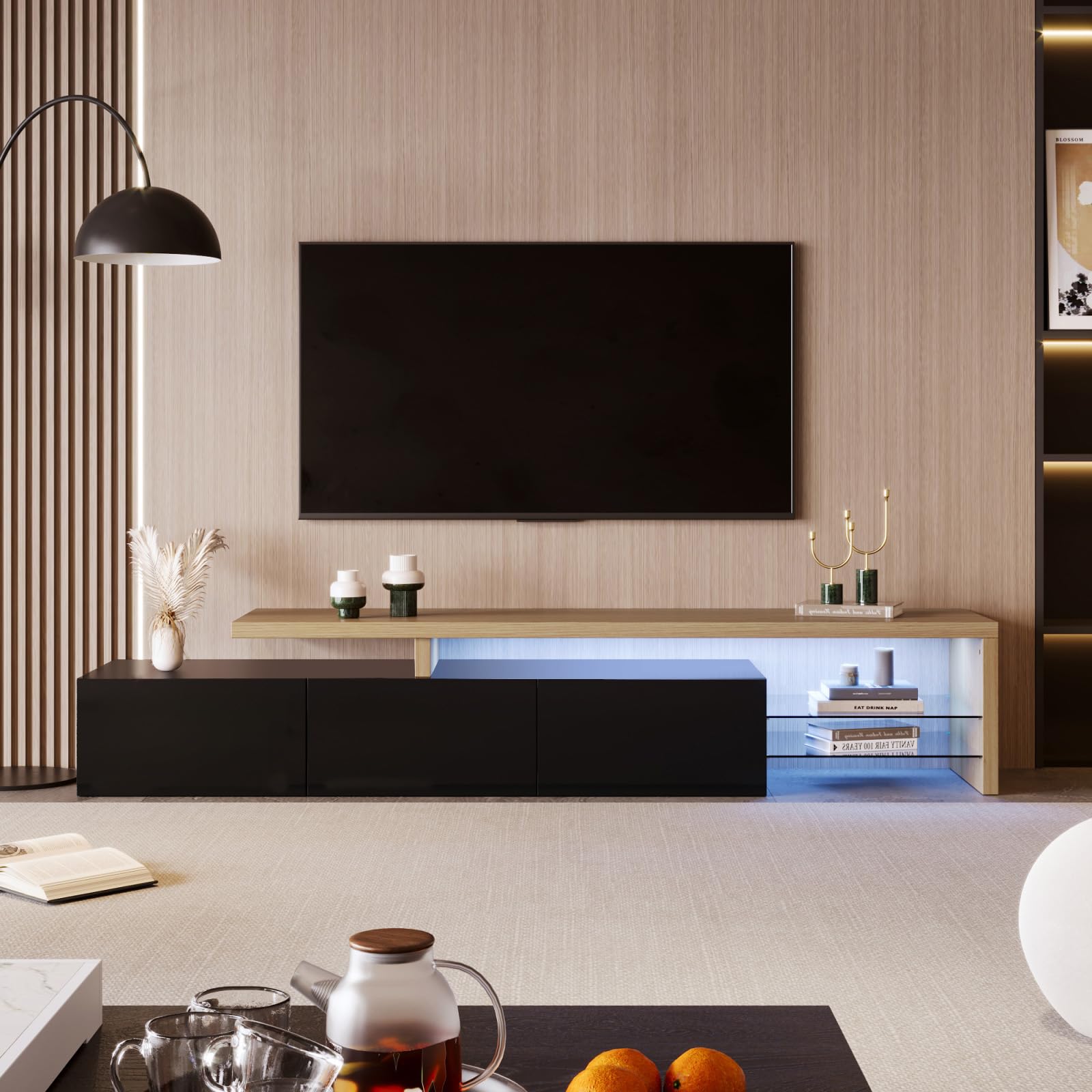 Moderno mueble de TV con LED, mesa de TV con 3 compartimentos, mueble bajo de TV brillante, mesa de salón con estante de cristal, armario de almacenamiento en acabado madera (negro, 200 x 39 x 42 cm)