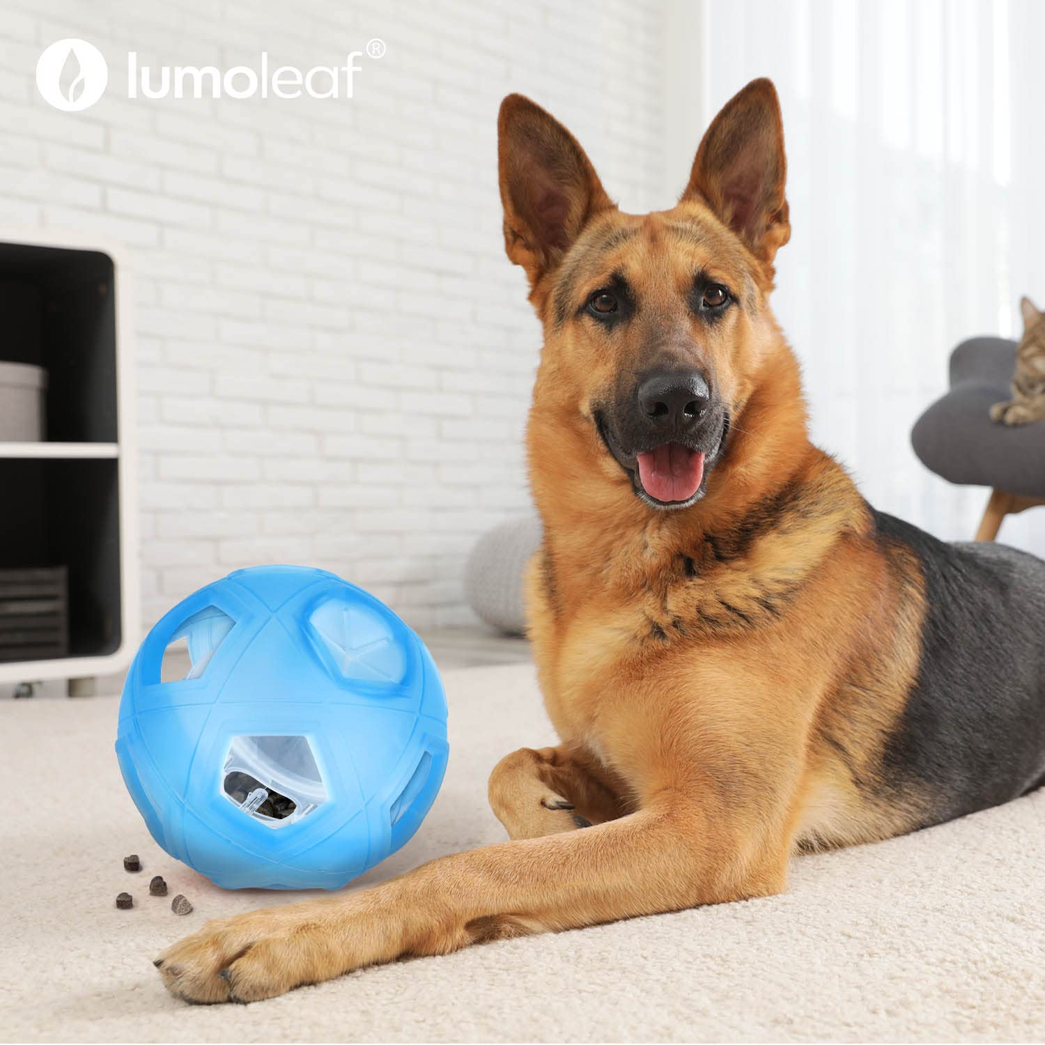 LumoLeaf Bola interactiva para perros y dispensador con ajustes de dificultad ajustables, juguete de rompecabezas de alimentación lenta para perros grandes, bola de 7 pulgadas, color azul
