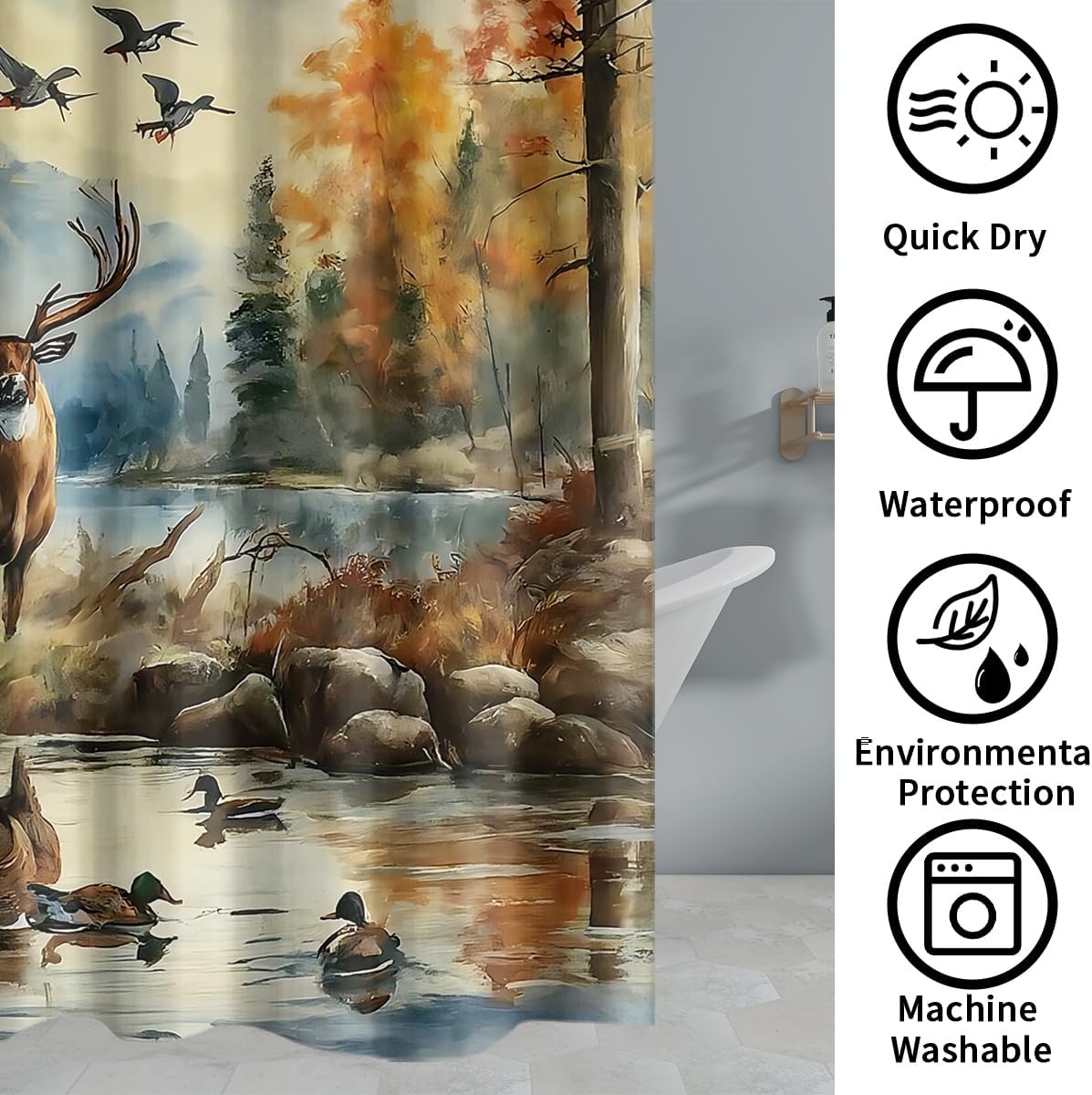 Rustic Cabin Hunting Theme Deer Shower Curtain Sets 4 Piece,Vintage Watercolor Farmhouse Fall Forest Wildlife Pheasants Ducks Bathroom Decor with Rugs Include Waterproof Non-Slip Toilet Lid Cover