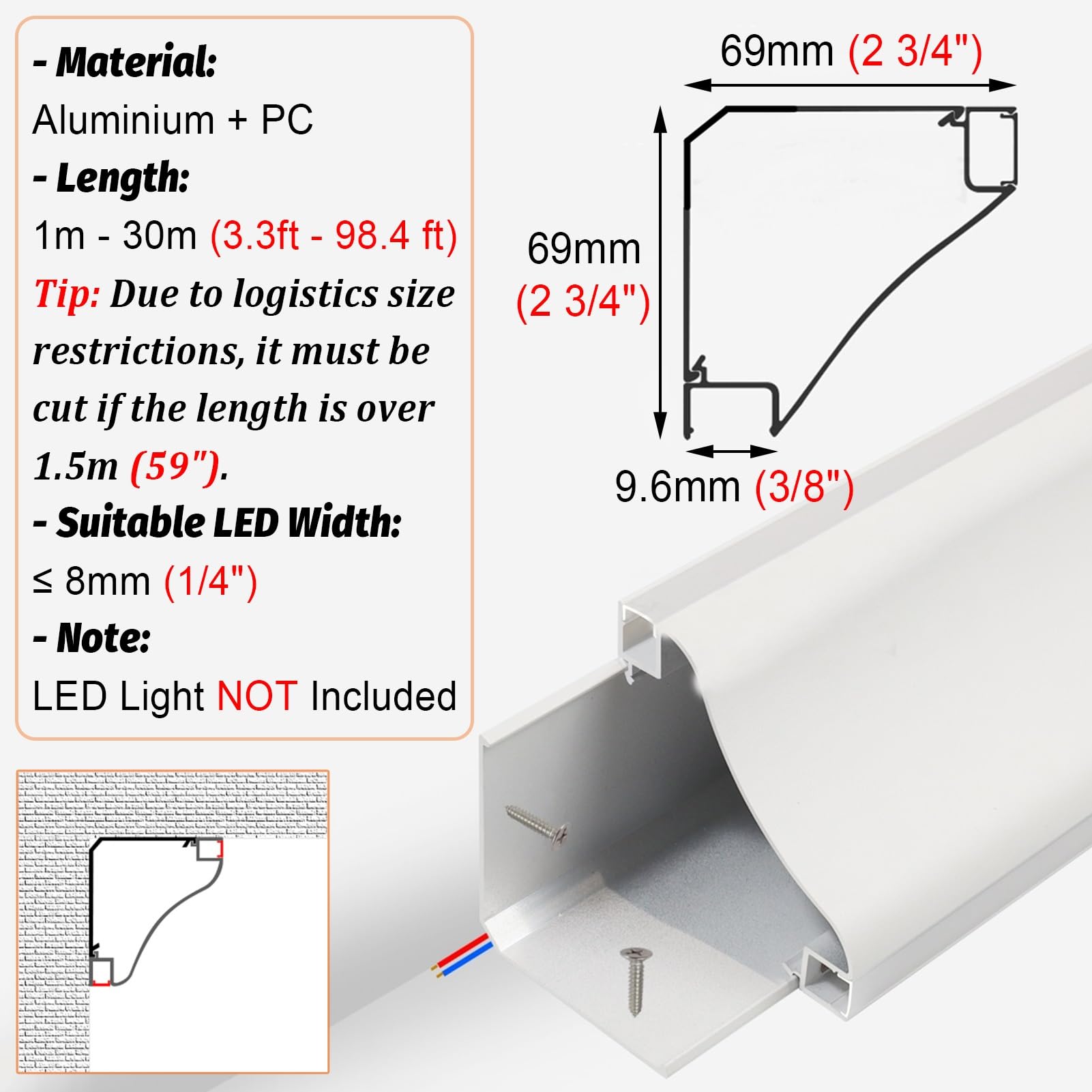 Diffusore di canali LED, striscia nascosta su entrambi i lati, modanatura a corona, illuminazione indiretta (13 m)