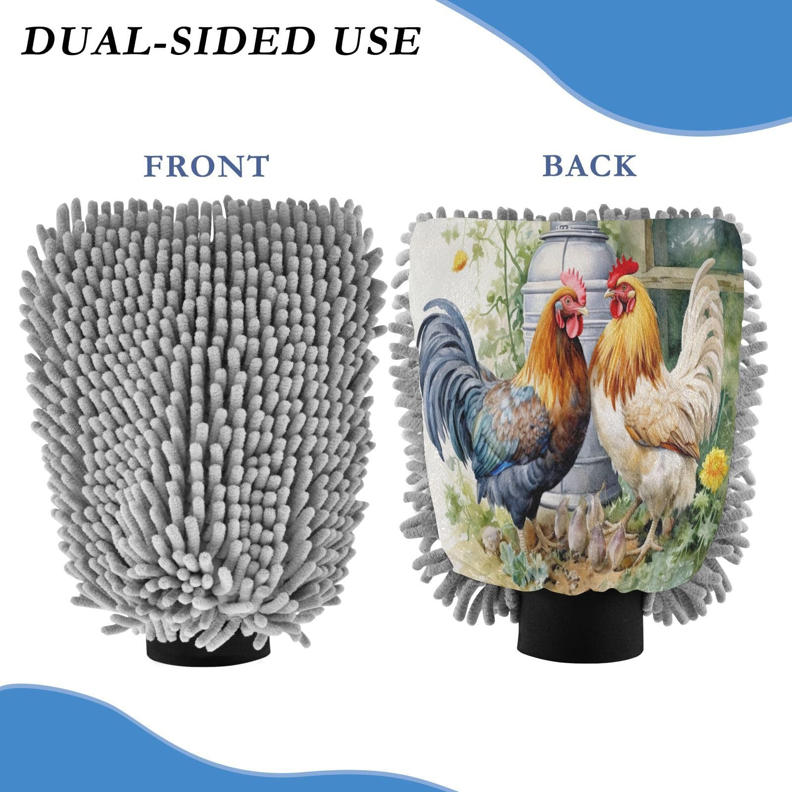 Flradish 2 Pack Cute Rooster Car Wash Mitt Chenille Microfiber Lint-Free Scratch Free Ultra-Soft Absorbent Car Wash Mitt 11.8x8.07 Inch