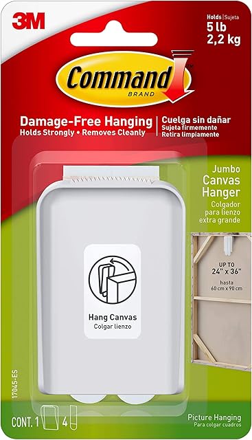 Command Jumbo Canvas Hanger Hook, Pack of 1 Hook and 4 Adhesive Strips, White - Damage Free Hanging - For Canvas Framed Pictures, Prints and Art - Holds up to 2.2kg