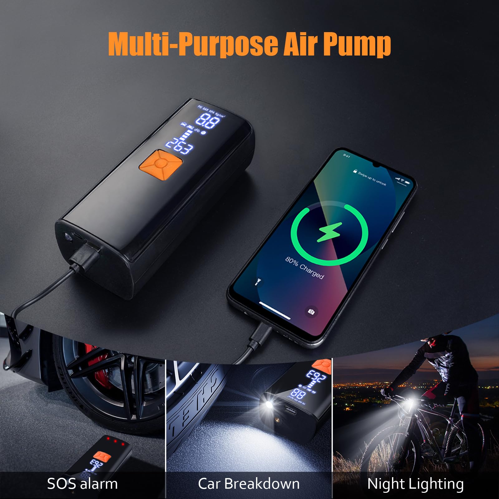 Compressore d'aria portatile, 150 psi, senza fili, per auto, moto, biciclette, palloni da basket e sport, con luce LED, manometro digitale