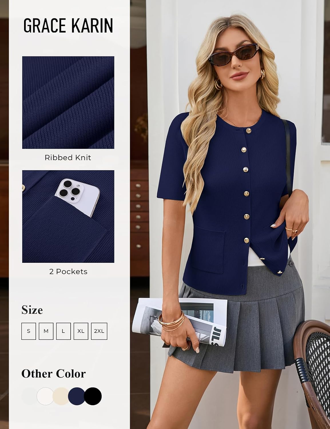 GRACE KARIN Short Sleeve Cardigans for Women, Lightweight Spring Cardigans 2026, Button Up Sweaters with Pockets - Image 4