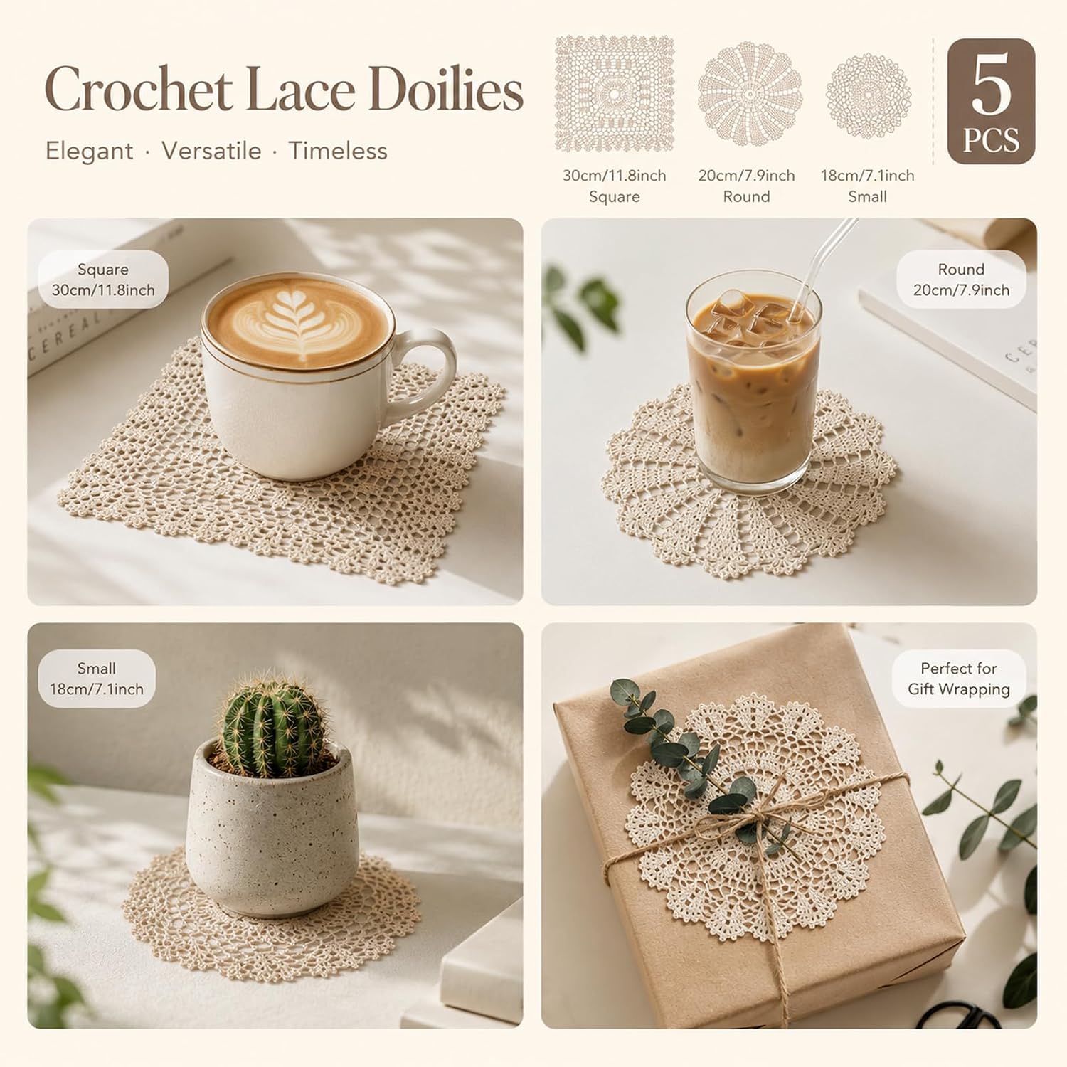 5 PCS Crochet Doilies for Tables 7 to 12 Inch Beige Cotton Handmade Crochet Placemats for Tables Furniture, Different Floral Patterns and Shapes Doilies Coasters Furniture Protectors