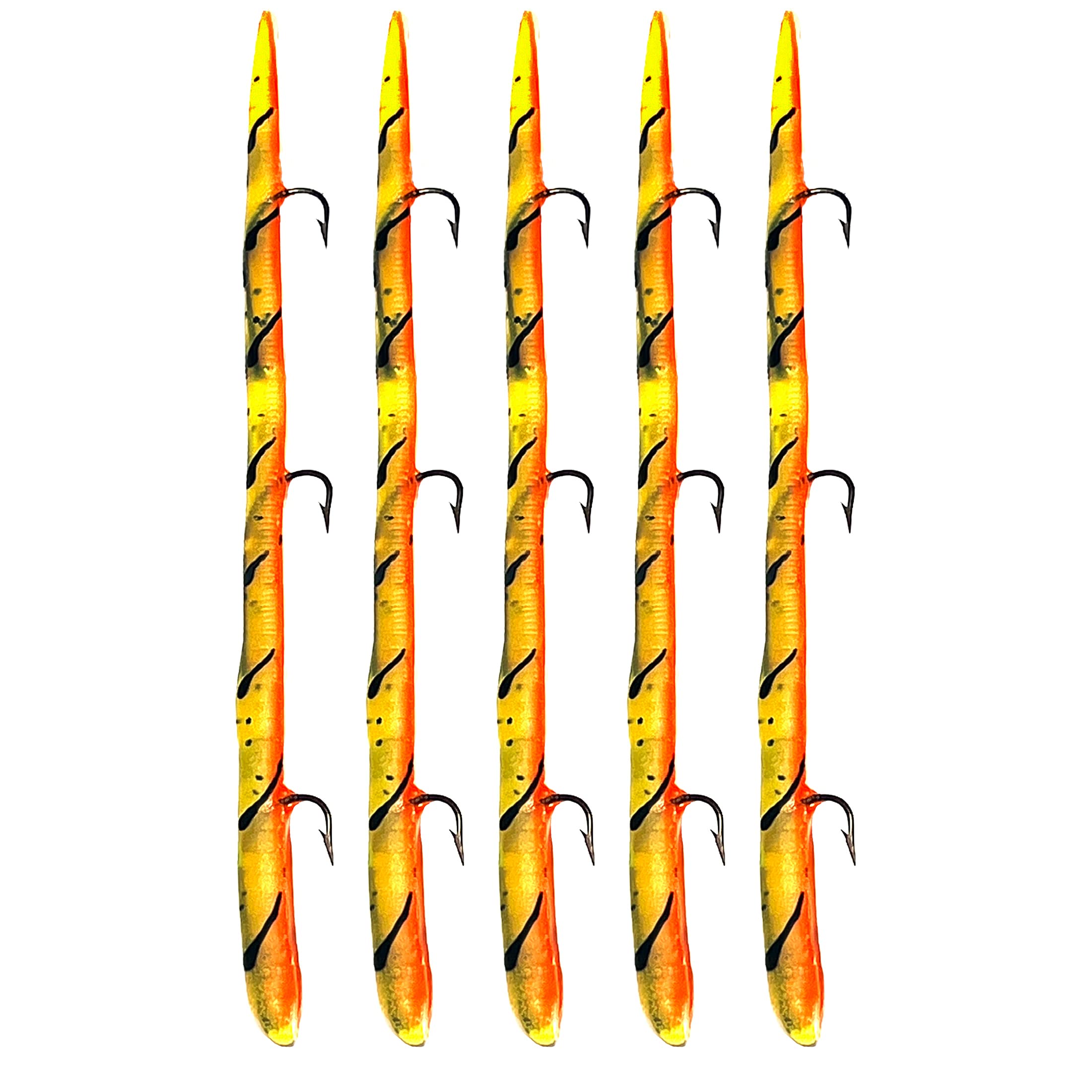 Delong Lures 6" KILR Worms Pre-Rigged for Bass, Pike and Anything in Between, Bass Lures Bait Tackle 5 Per Pack (Firetiger)