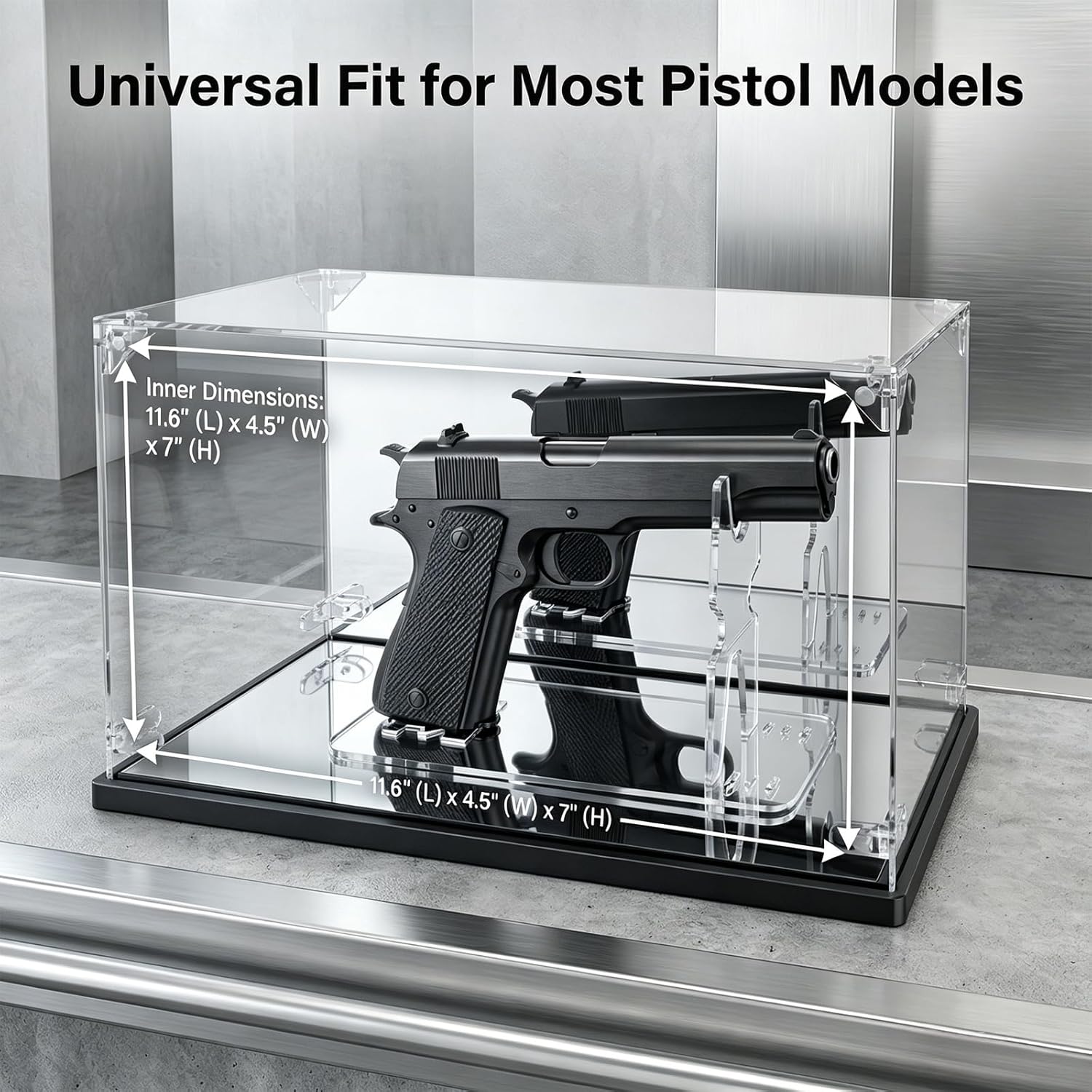 Premium Acrylic Pistol Display Case with Dual Mirrors - UV Protection & Dustproof Handgun Showcase with Adjustable Stand & Sleek Black Base, Universal Fit for Most Pistol Models (11.6x4.5x7 Inch)