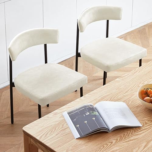 Miniatura 4 de Juego de 4 sillas de comedor de piel sintética beige, silla de cocina tapizada sin brazos, moderna silla de comedor con respaldo curvado Cuero