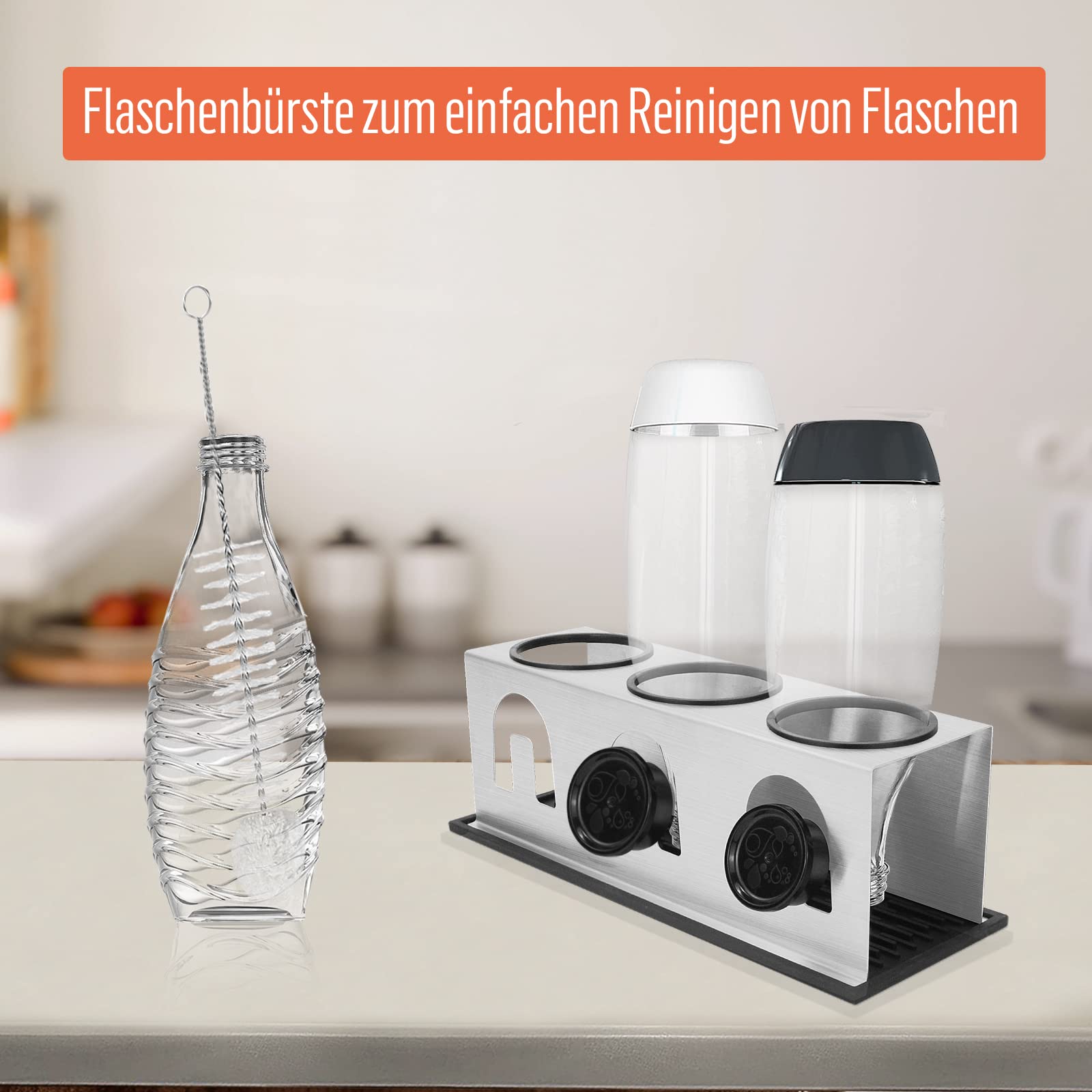 Supporto per bottiglie Soda Stream, 4 scolapiatti in acciaio inox, con scolapiatti rimovibile e coperchio per bottiglie SodaStream Crystal ed Emil