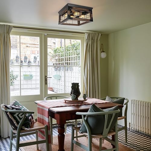 Miniatura 6 de Lámpara de techo de montaje empotrado, 4 luces de madera rústica, cuadrada, lámpara de techo para comedor, cocina, sala de estar, dormitorio, porche