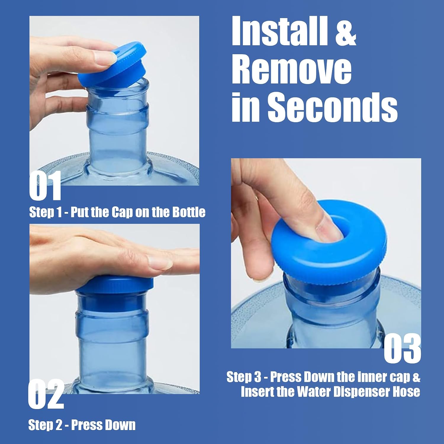 5 Gallon Water Jug Cap Reusable, Non-Spilling 55mm Water Bottle Dispenser Caps, Silicone 5 Gal Jug Replacement Caps Lids Anti Splash (Ocean Blue, 3 Pack) image 3