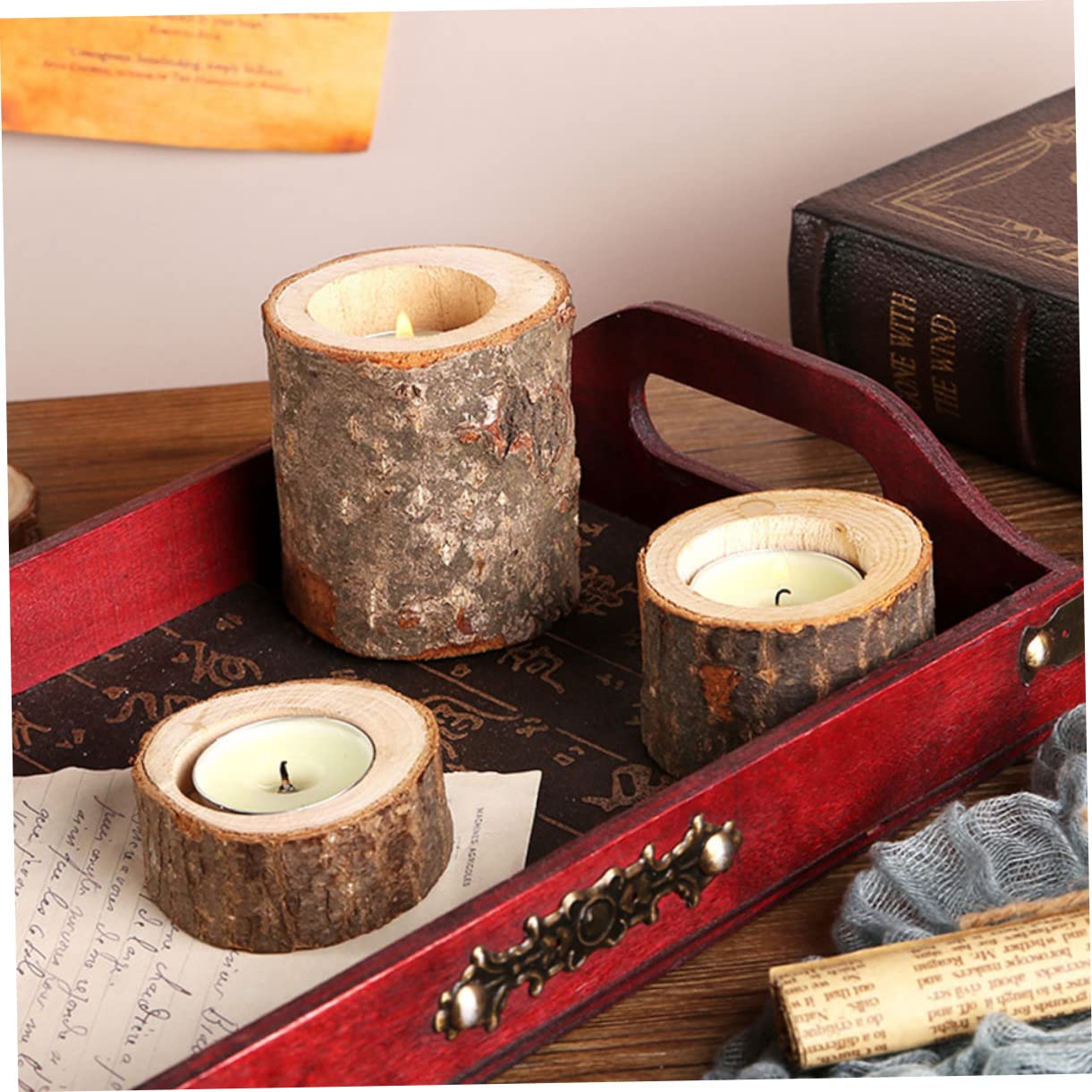 5 Set Portacandele A Palo Lumini Candelieri Candelabri Candele A Di Tè Candele Di Tealight Piccolo Portacandele Da Tè Soia Ceppo Titolare Decorazione Lumino Di Legno 2 Pezzi*5