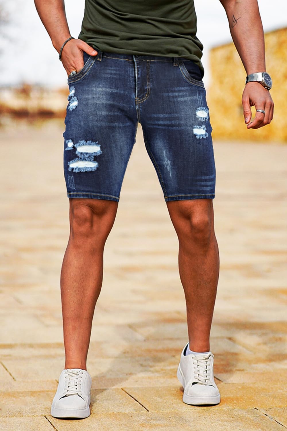 GINGTTO Men's Jean Shorts Ripped Slim Fit Stretch Denim Shorts - Image 9