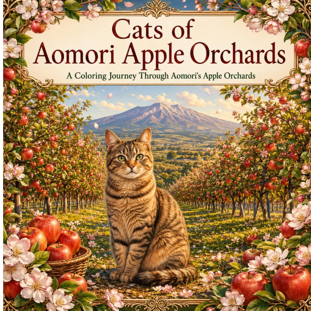 Cats of Aomori Apple Orchards: A coloring Journey Through Aomori's Apple Orchards