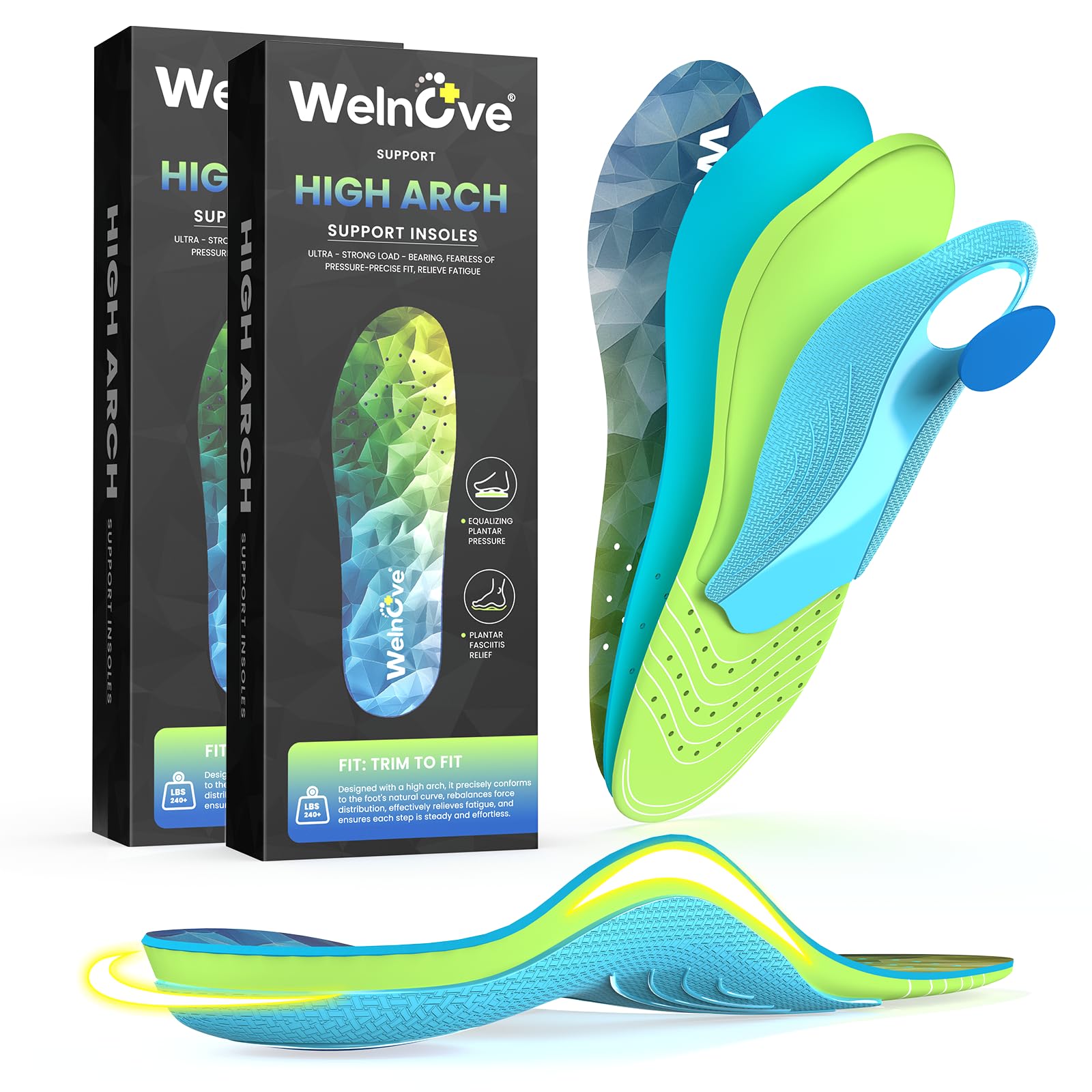Welnove Plantillas (2 pares) Plantillas para fascitis plantar, soporte de arco alto, para espolones calcáneos, pies planos, dolor de pies, comodidad para hombre (42-44, verde)