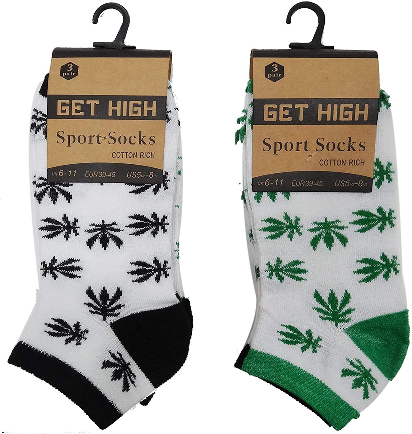 6 Pairs Men's Trainer Ganja weed Leaf Print Cannabis Marijuana Design Cotton Socks Uk Size 6/11 (White)