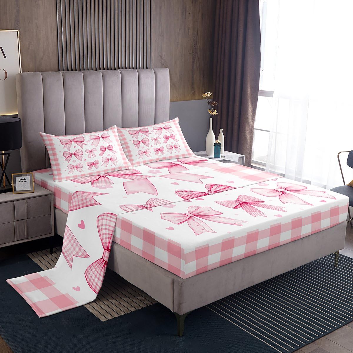 Homewish Juego de sábanas con lazo rosa para niñas, juego de sábanas con lazo floral | Lindo juego de ropa de cama de búfalo a cuadros con lazo - Sábanas bajeras bajeras planas de princesa para niñas