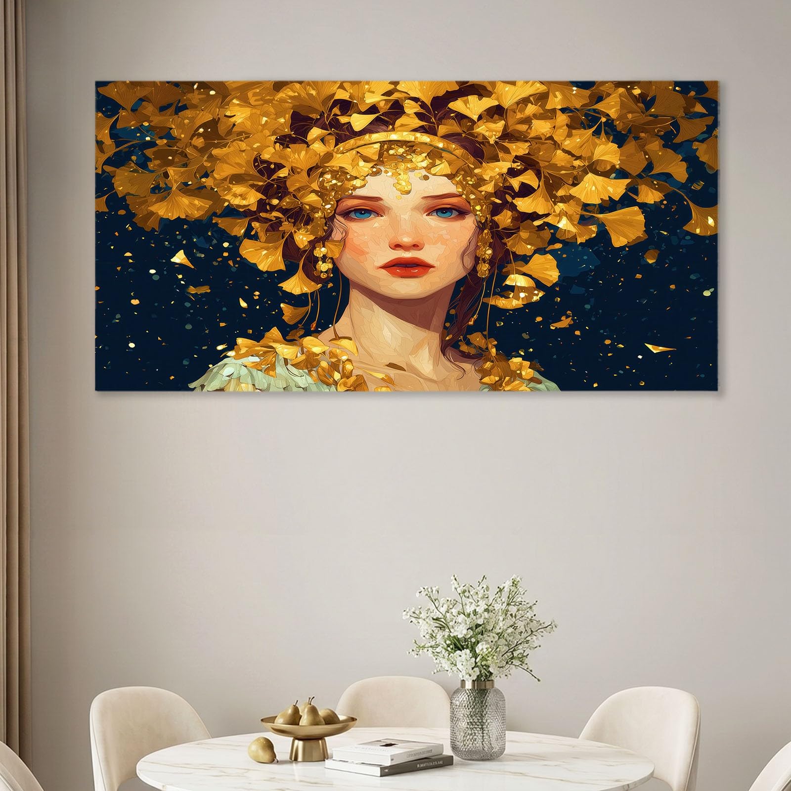Leinwandbild Bilder 90 x 60 cm Fantasie Wanddeko, Schwarz Dame Gold Ginkgoblatt Kunstdruck, Wandbilder für Wohnzimmer, Schlafzimmer & Esszimmer