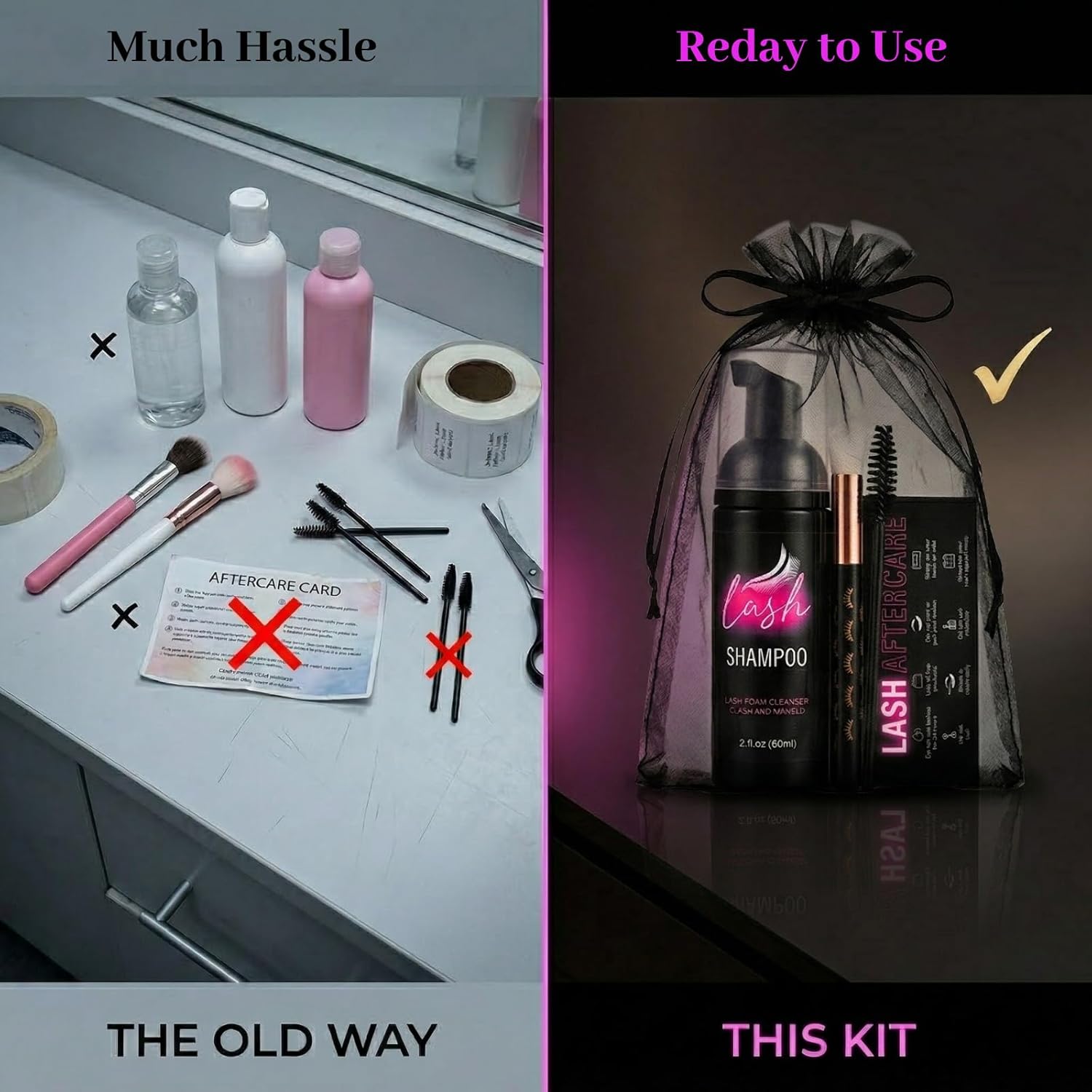 Lash Aftercare Kit for Lash Techs — 60 Pcs Lash Extension Supplies with Foam Pump Bottles, Cleansing Brushes, Mascara Wands, Aftercare Cards, Label Stickers & Organza Bags for Client Branding (Black)