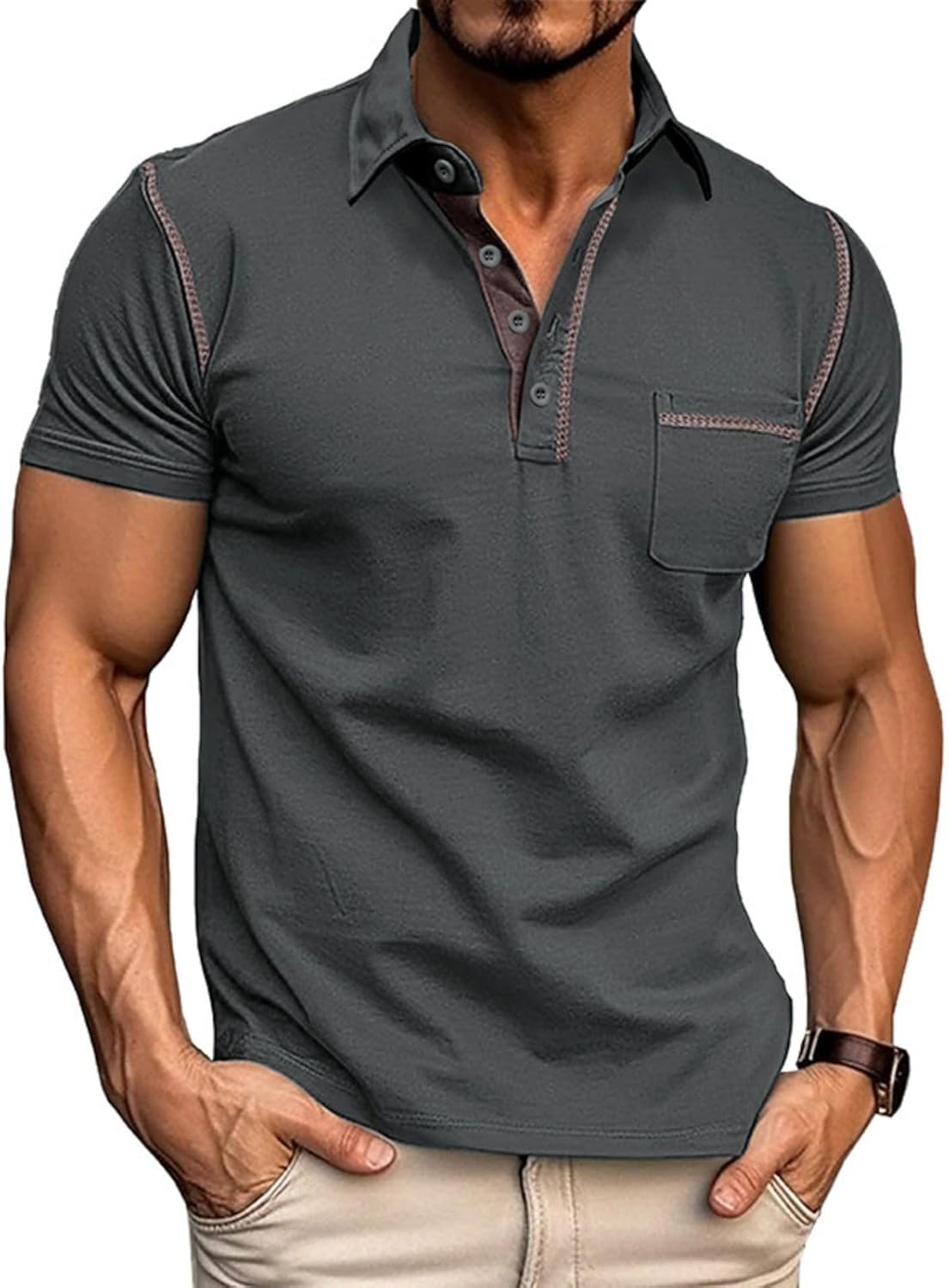 Men's Casual Polo Shirts Classic Long Sleeve Basic Button T-Shirt Lightweight Cotton Golf Tops with Pocket