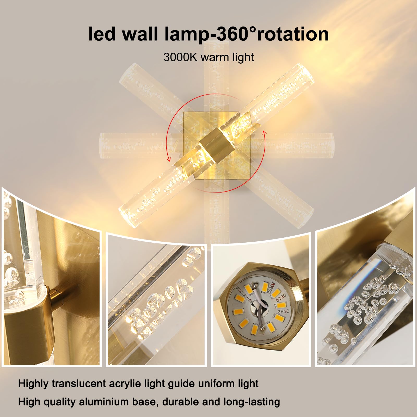 Comely Applique LED da Parete Interno, 12W Oro Lampada da Parete Moderna, Regolabile 360° Lampada a Muro Illuminazione Interni per Camera da Letto Comodino Soggiorno Scale Corridoio
