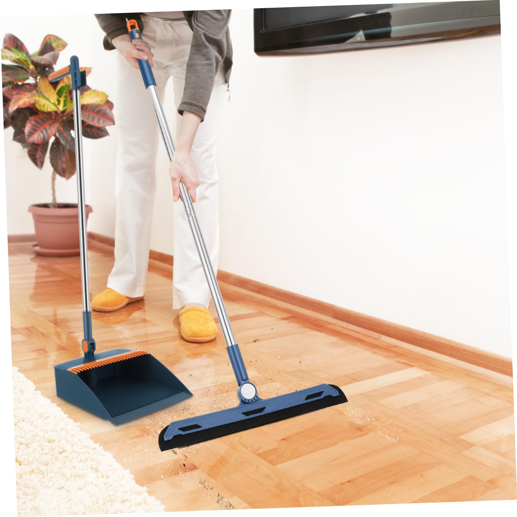 Ipetboom Juego de Escoba y Recogedor de Pie Plegable Azul, 3 Piezas