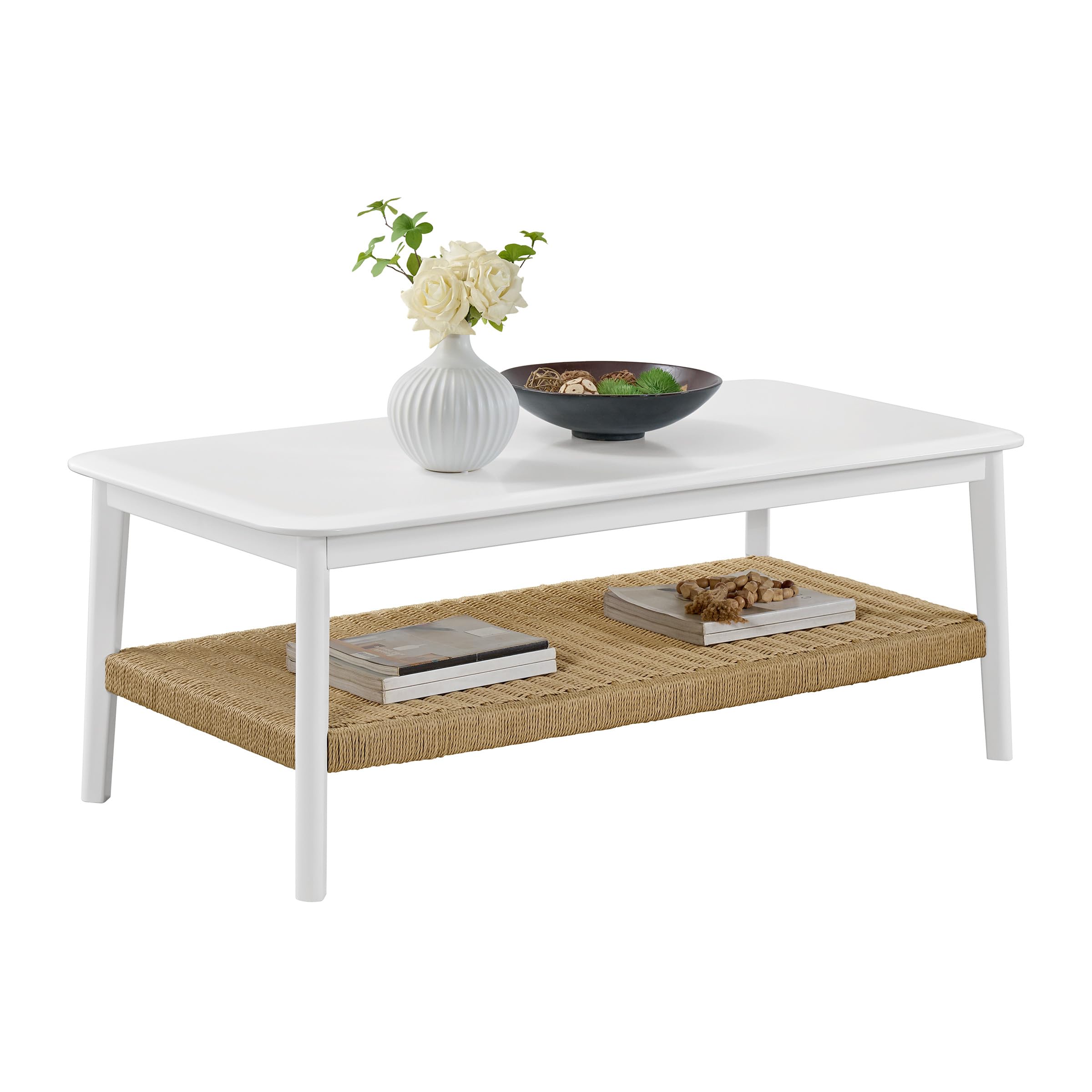 Alaterre Furniture Calais Living Room Collection 48 Inch Rectangular Wood Coffee Table with Woven Storage Shelf Mid Century