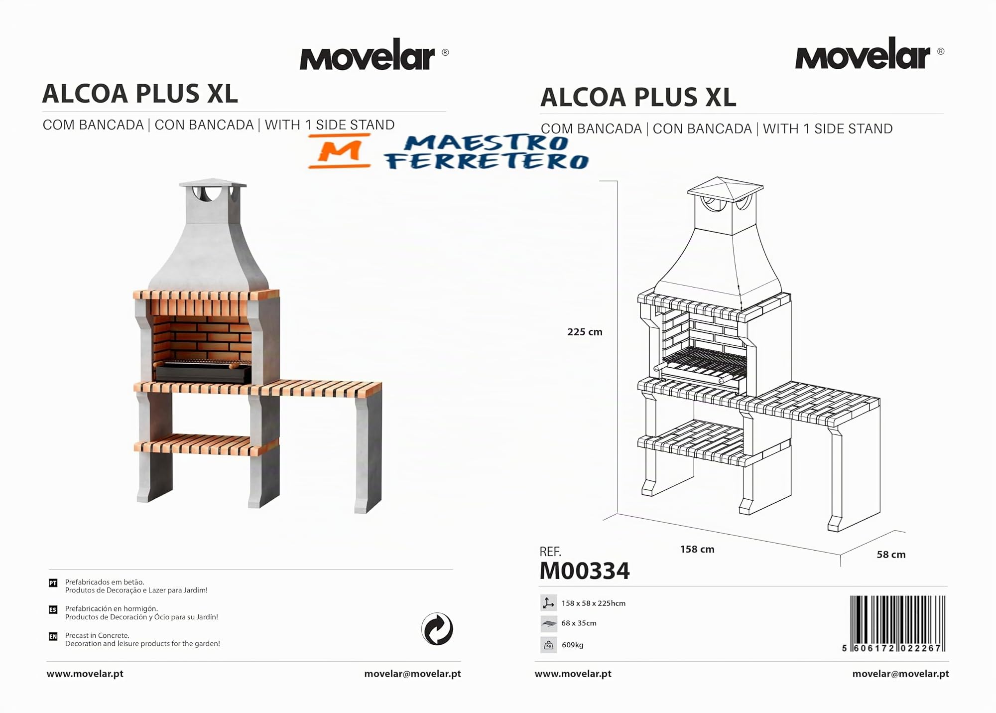 MOVELAR - Barbacoa de Obra Prefabricada de Leña y Carbón Modelo Alcoa Plus XL 1 Side Stand (Gris, Naranja - 86,5 x 58 x 225 cm) REF: M00334 - Cocina de Exterior para Jardín y Terraza