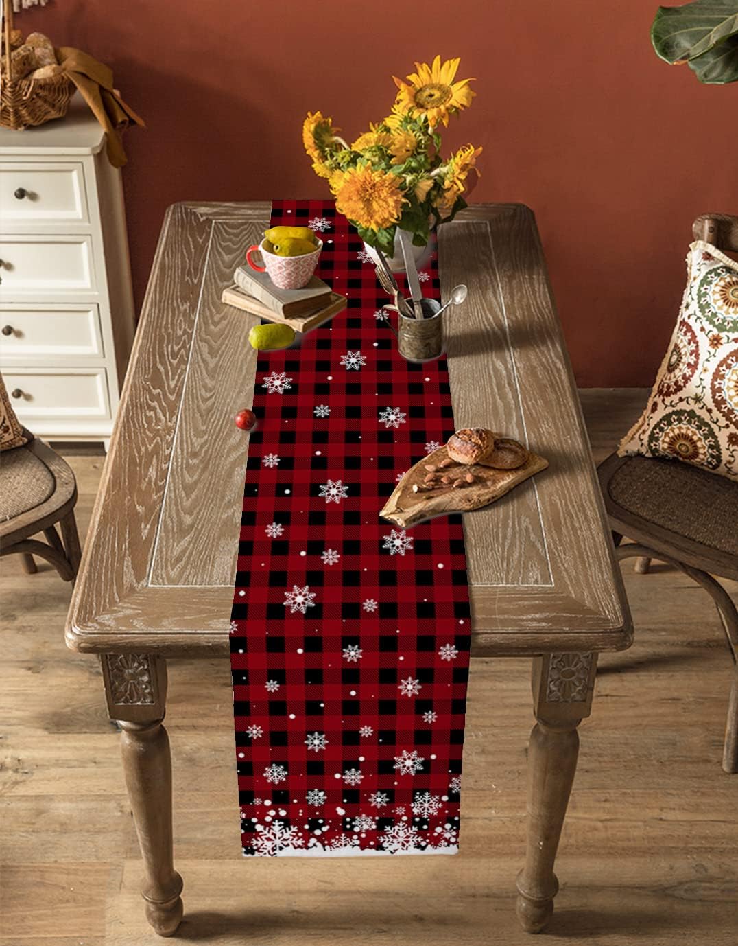 Christmas Snowflake Table Runner-Cotton Linen-Long 13x120 Inches Dresser Scarves,Table Runner for Wedding Dining End Table Decor Red and Black Buffalo Plaids