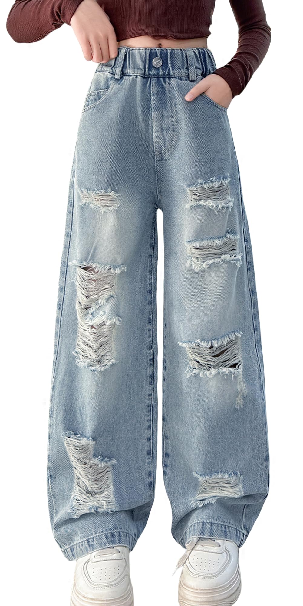 Maeau Jeans per bambini con elastico in vita, gamba larga, strappati, jeans lavati larghi con tasche, 5-14 anni