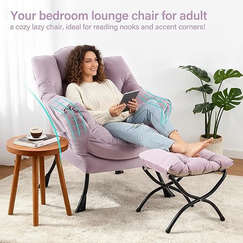 Miniatura 7 de Silla perezosa con otomana, silla de acento moderna con cojín lumbar, sillas cómodas con reposapiés plegable para recámara, lectura, sillas de ocio