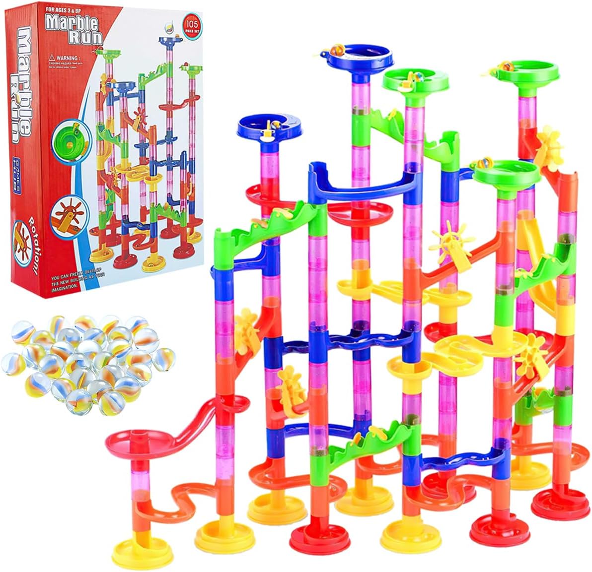 Kids Marble Run Track, 105 PCs Building Blocks Set, Construction Marble Runs Game, Educational STEM Creative Marbles Maze Race Track Gift Playset for Children 3+ Years