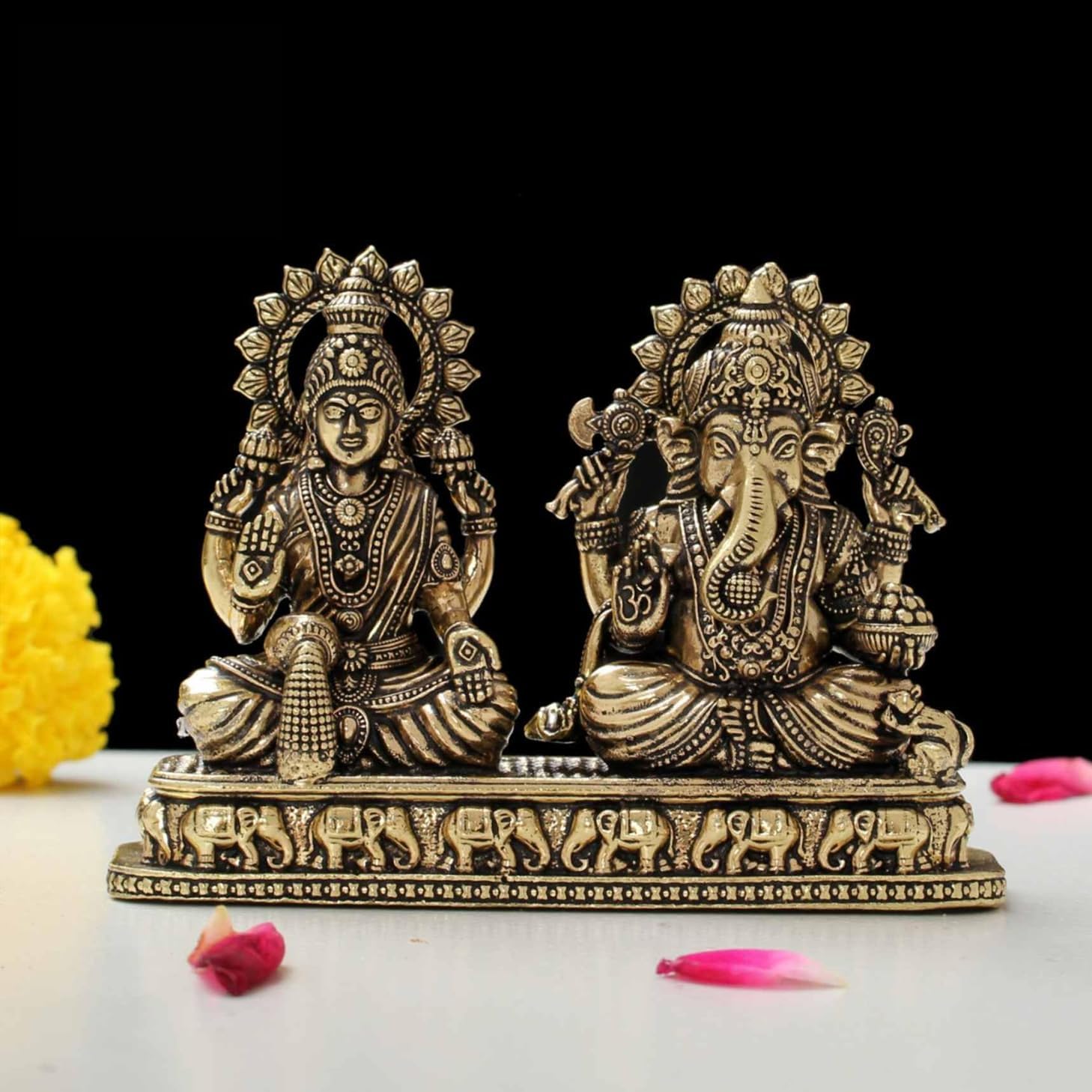 INDICAST Brass Laxmi Ganesha Idol for Good Luck & Worship | 3" Small Hindu Go...