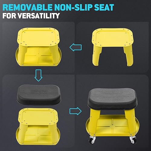Miniatura 11 de DNA MOTORING TOOLS-00252 Taburete de garaje extraíble con cojín de asiento y bandeja de herramientas, capacidad máxima de peso de 300 libras Negro