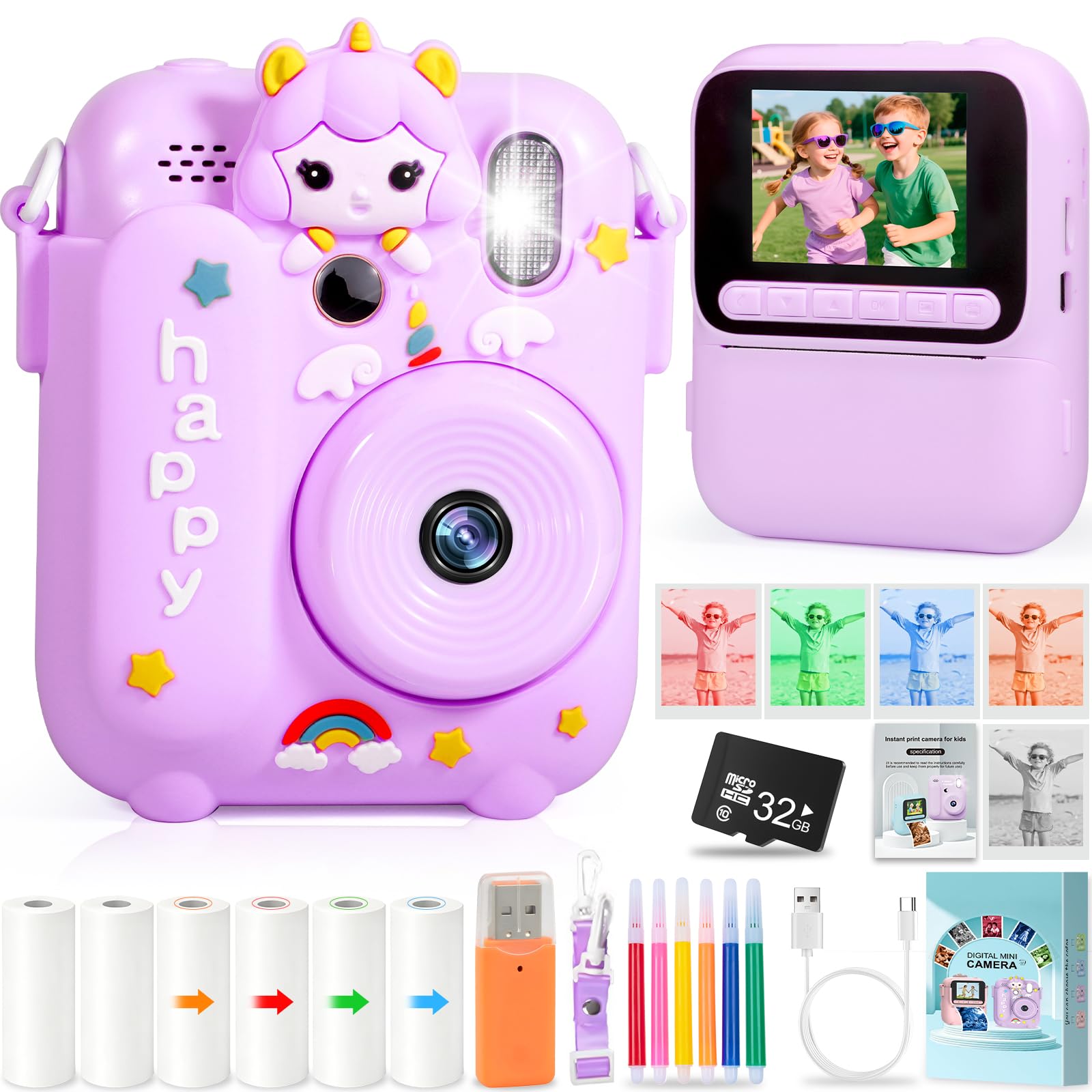 Appareil Photo Instantané, 2.4" Écran Appareil Photo Enfant avec Papier d'impression et Carte 32GB, 1080P Appareil Photo Numérique Enfant, Cadeau Jouet pour Enfant Garçons Filles de 3-14 Ans