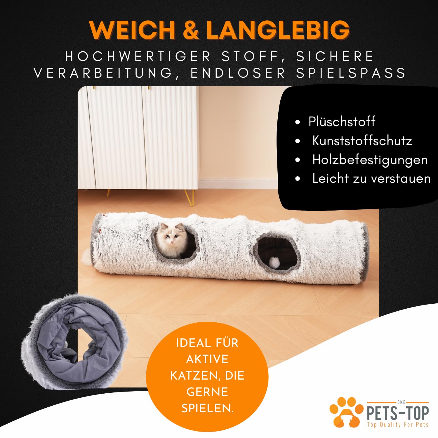 One PETS-TOP Katzentunnel XXL – Katzentunnel Große Katzen – Rascheltunnel für Katzen – Interaktives Katzenspielzeug für drinnen – aus weichem Plüsch