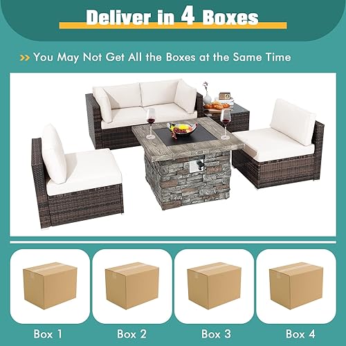 Miniatura 8 de Tangkula Patiojoy - Juego de sofá de ratán para patio de 6 piezas, juego de mimbre para exteriores con mesa de chimenea de piedra sintética de 34.5