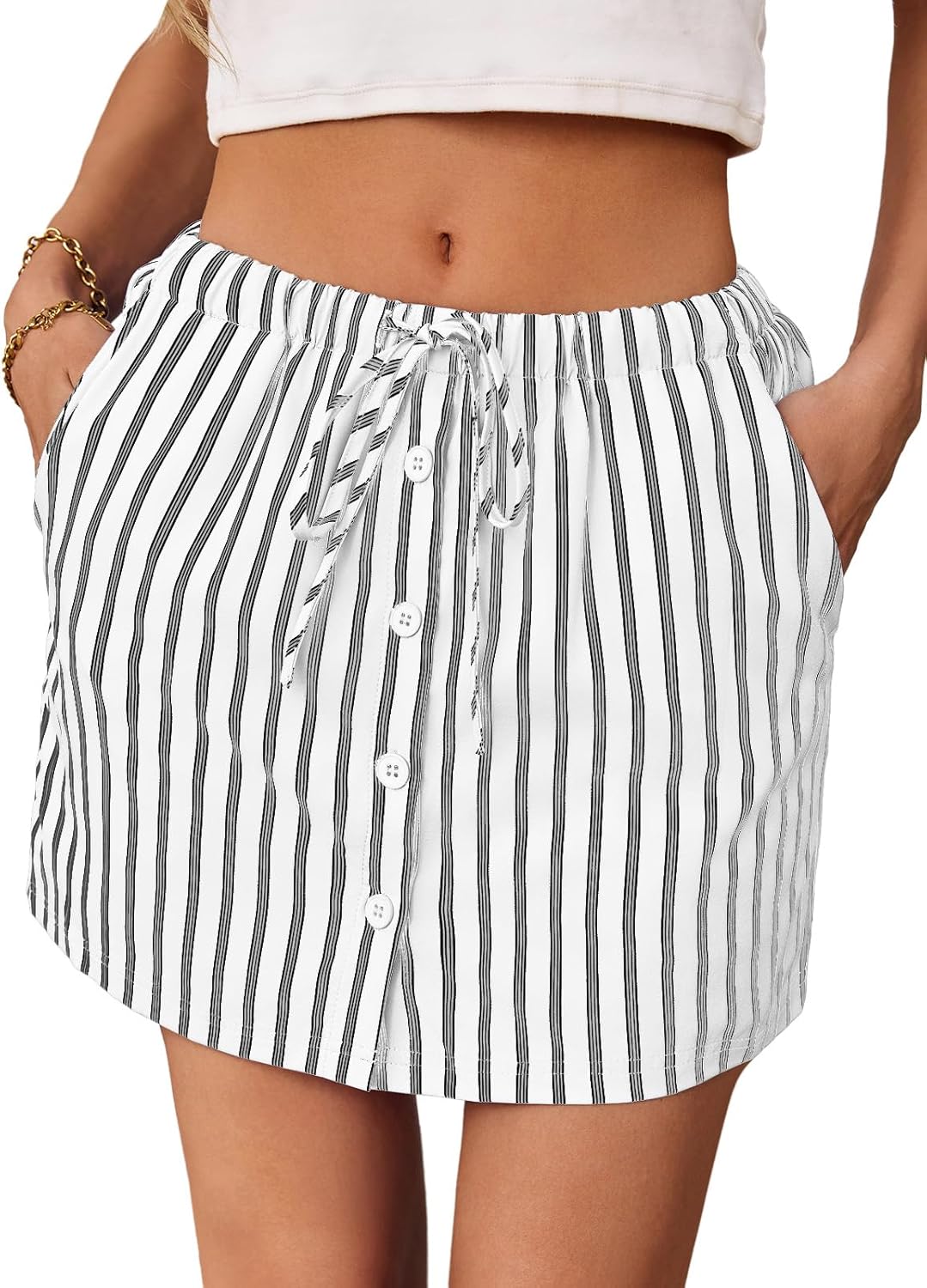 Fisoew Womens Summer Striped Mini Skirts Casual Drawstring Elastic Waist Button Cute Y2K Skorts Shorts