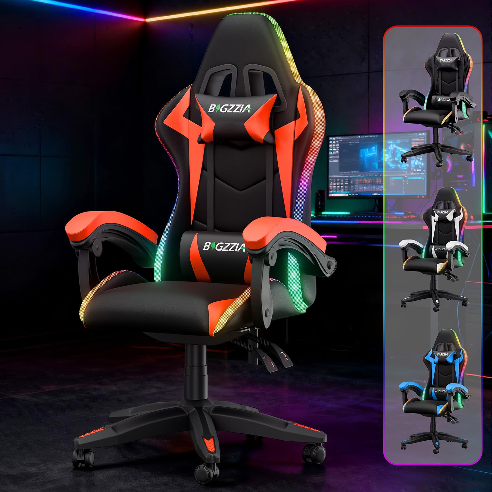 Silla para videojuegos con iluminación LED, silla ergonómica con luz RGB, reposacabezas ajustable y soporte lumbar, piel sintética, silla de oficina, altura e inclinación ajustable (negro y rojo)