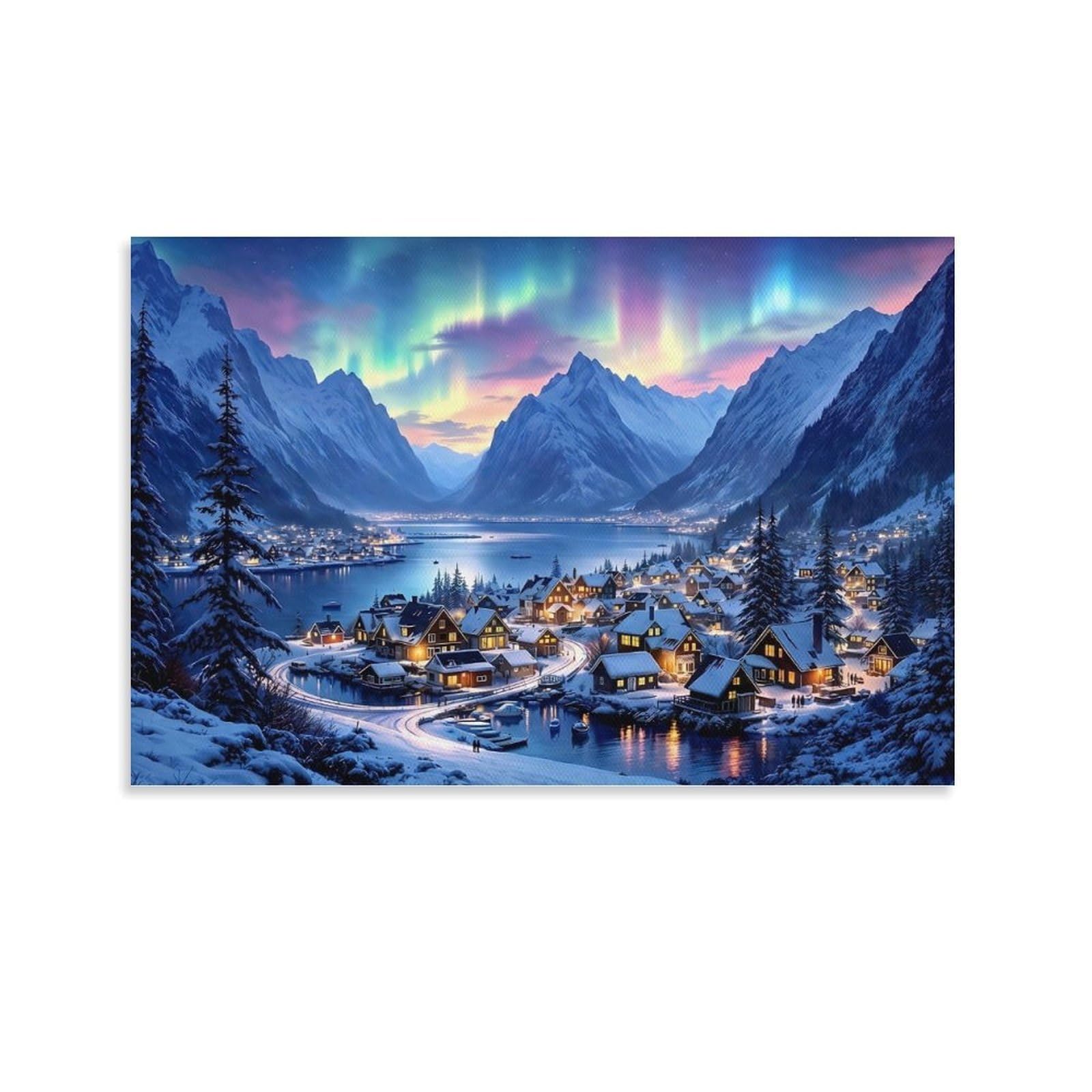 CPLVKWRQJ Winter Village Aurora Single Snowy Mountain Town Canvas Print - Office Wall Focal Art Fade Resistant Statement Piece Ready to Hang 12x18inch(30x45cm)