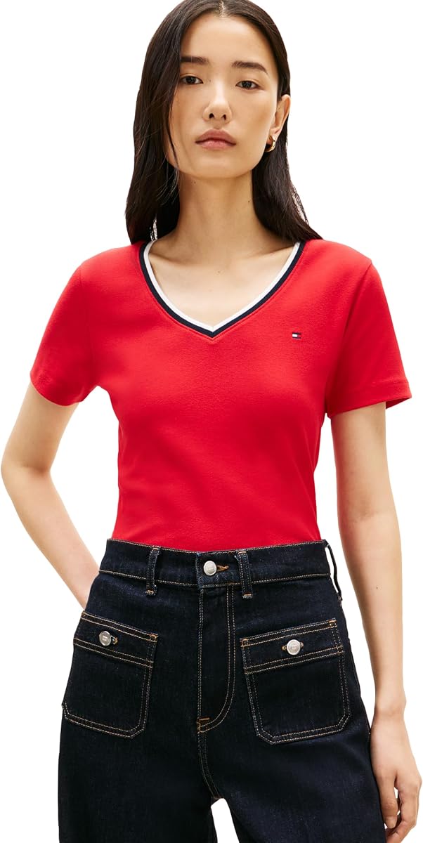 Tommy Hilfiger Camiseta básica de algodón con cuello en V y manga corta para mujer