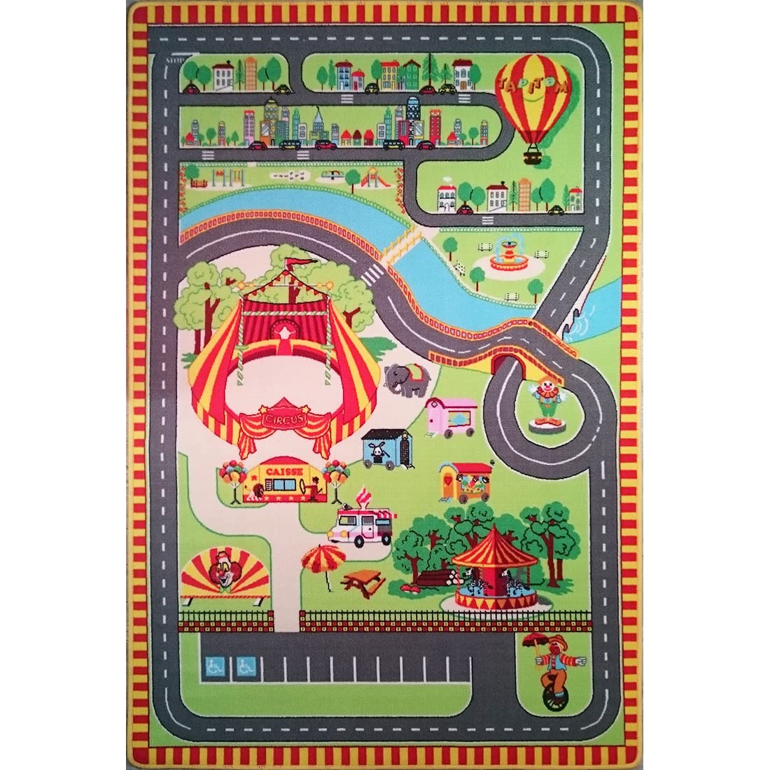 Zirkus Kinderteppich - 130 x 200 cm | Straßenspielmatte mit Zirkus | Zirkuswelt Kinderzimmermatte | rutschfest, Saum | CE-Normen
