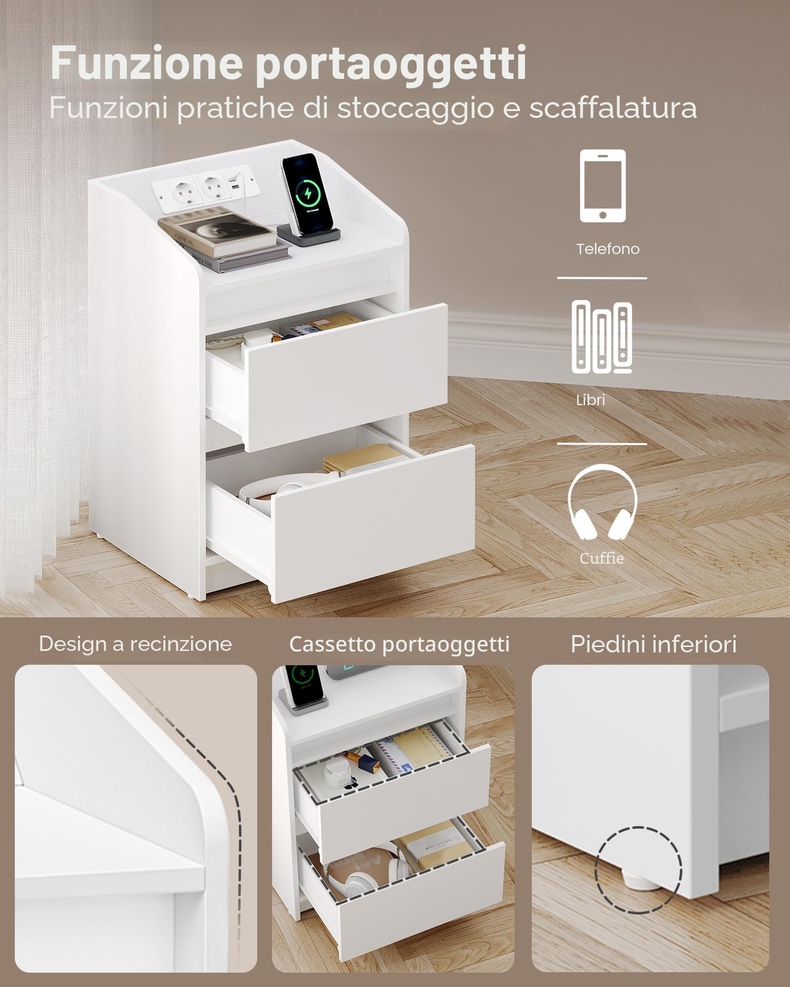 Hzuaneri Comodini set di 2,Luci a LED, Stazione di Ricarica e 2 Cassetti | Tavolino da Notte con Porte USB e Prese di Corrente, Ideale per Soggiorno e Camera da Letto, Bianco NS30103X