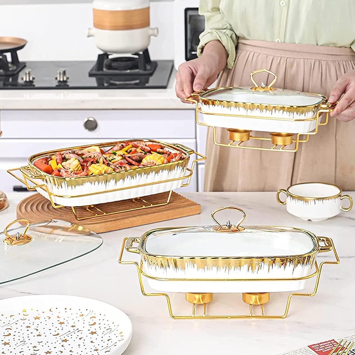 Juego de platos para rozaduras con tapa de cristal, estufa de alcohol para catering, fiesta, boda, paquete de cerámica para calentar alimentos en invierno
