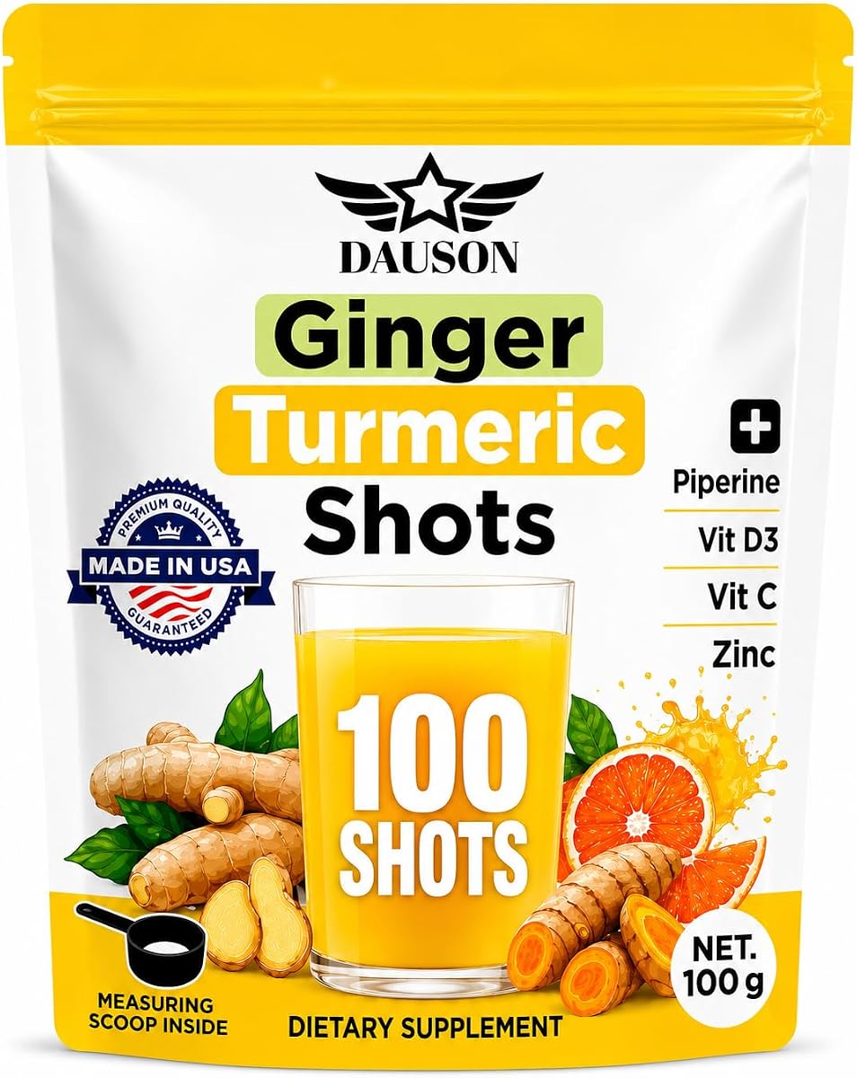 Ginger Turmeric Shots | Daily Wellness Powder with 95% Piperine Extract, Zinc, Vitamin C & D3 | Supports Joint, Immune & Digestive Health | 100 Servings | Vegan, Non-GMO, Made in USA (Packet May Vary)