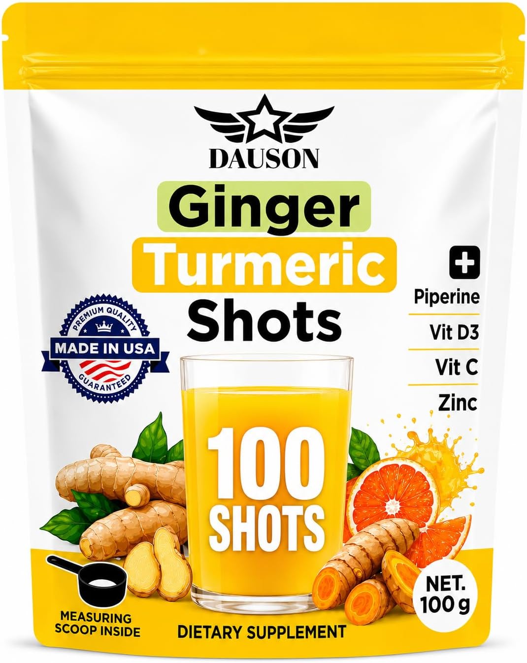 Ginger Shots | Daily Wellness Ginger Turmeric Blend with Piperine, Zinc & Vitamins | Supports Immunity, Gut Health & Daily Vitality – 100g – Made in USA